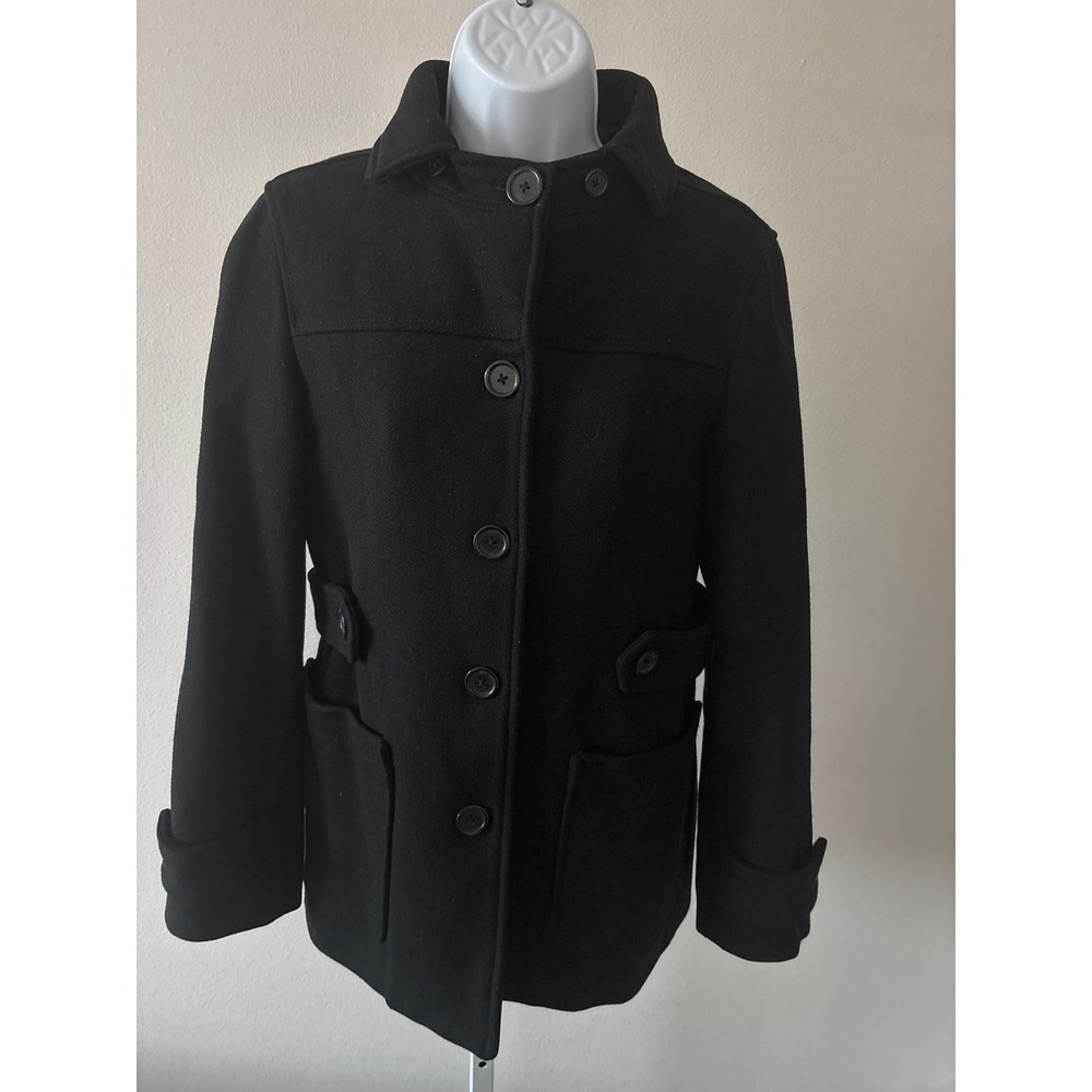 Minimalist Black Wool Blend Coat Size S Button Front Stand Collar Winter Jacket - Picture 16 of 16